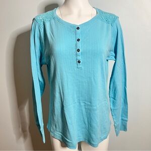 Ariat REAL Long Sleeve Henley Top- Turquoise Blue Lace Shoulder- Size Large